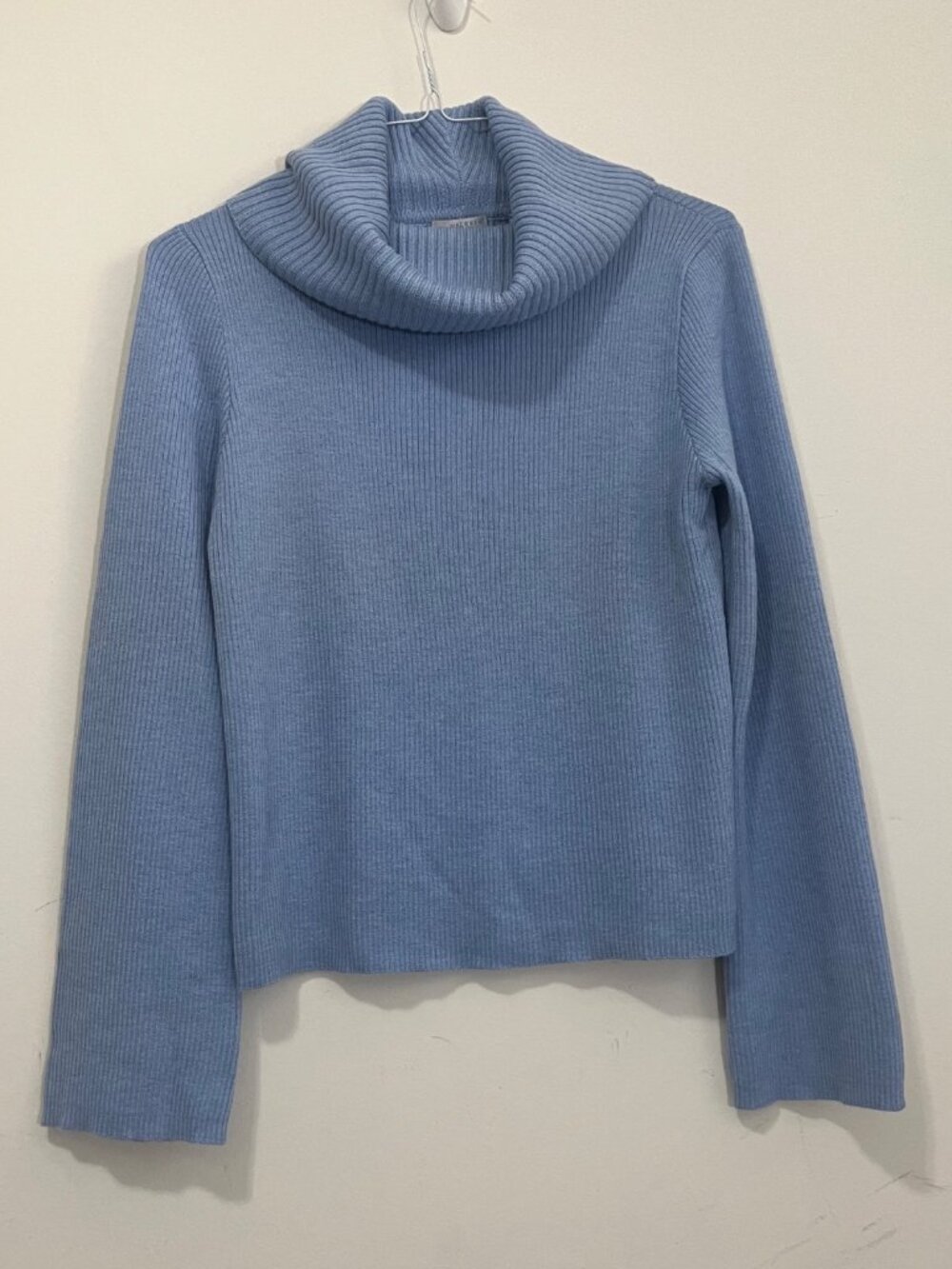 Vtg Halogen 100% Merino Wool Cowl Neck Ribbed Sweater Blue Flare Sleeve XL Y2K